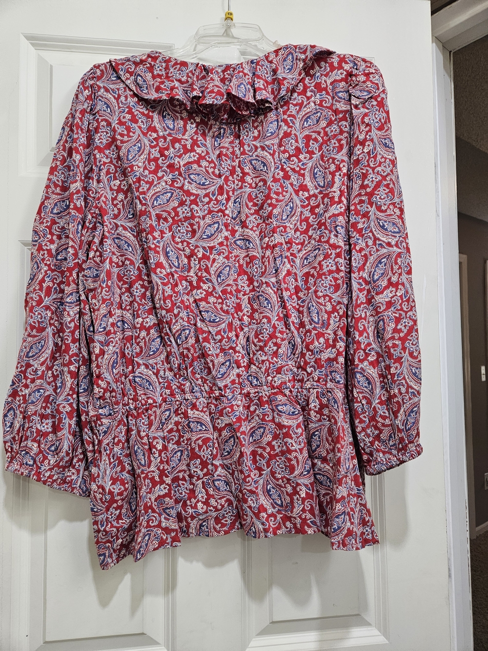 Chaps Red Paisley Ruffle Front Blouse - Picture 2 of 3
